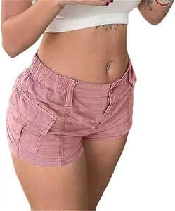 Detail of pink cargo shorts featuring an elastic waistband and functional utility pocket