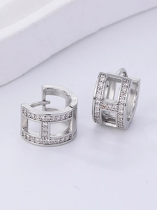 Detailed view of silver H-shaped earrings featuring a full micro-paved zircon setting