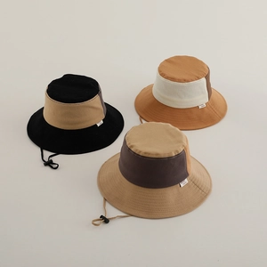 Retro color-block kids fisherman hats with wide brim and adjustable windproof drawstring