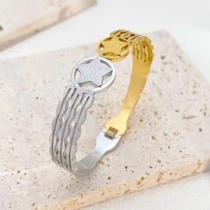 Two-tone stainless steel bangle featuring frosted star motifs on textured stone
