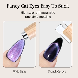 Detail showing magnetic tool with wooden handle creating wide light cat eye nail art effects