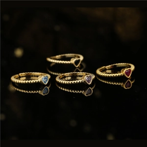 Heart Zircon Ring Copper 18K Gold Plated Beaded Textured Band Open Adjustable Fashion Minimalist Jewelry For Women