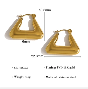 Macro view showing dimensions and 18K gold-plated texture of triangular earrings