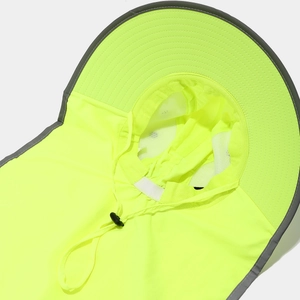 Close-up of high visibility reflective safety hat with neck flap and breathable mesh