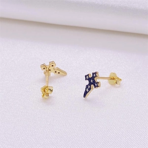 S925 sterling silver cross stud earrings with gold plating and blue zircon stones