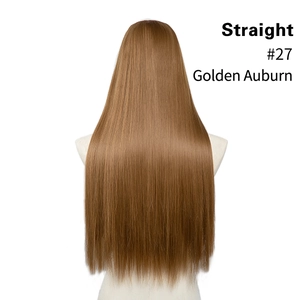Detail showing #27 Golden Auburn straight synthetic U-part hair extension on a mannequin