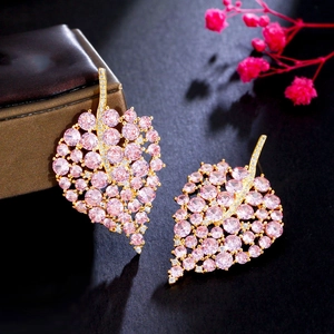 Pink Zirconia Leaf Shape Copper Gold Plated Earrings With 925 Sterling Silver Earring Post Elegant For Women