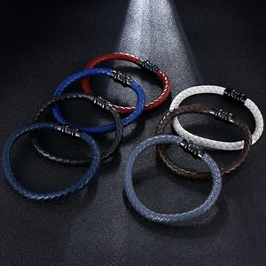 Men's braided leather bracelets in six colors with textured magnetic metal clasps