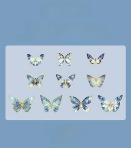 Macro view of blue butterfly stickers with crystal glass texture from Song of Stars series
