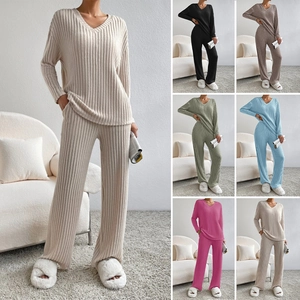 Women V-Neck Long Sleeve Top And Wide Leg Pants Ribbed Knit Solid Color Loose Casual Loungewear