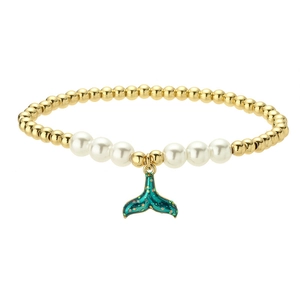 Bracciale oceanico con perle dorate, perle bianche e ciondolo a coda di pesce in smalto blu