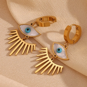 Boucles d'Oreilles Pendantes Mauvais Œil Cils Plaquées Or 18K Acier Inoxydable Nacre Blanche Incrustée Bijoux Femme