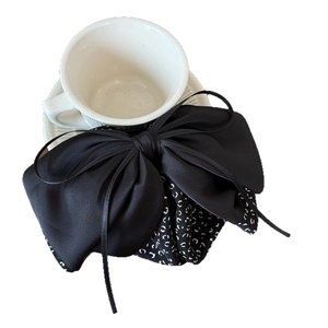 Elegant black satin and polka dot fabric bow hair claw clip with long ribbon tassels