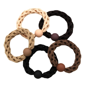 5-piece set of woven milk tea series hair ties with matte round beads in neutral colors