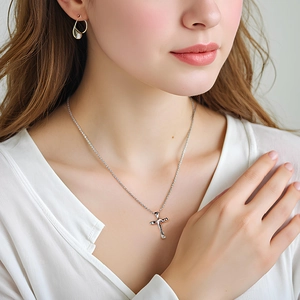 S925 sterling silver cross necklace with irregular lava texture for women's jewelry