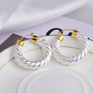 French vintage pearl white spiral hoop earrings with golden twisted texture for women