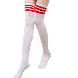 Classic white thigh-high socks featuring red triple stripes in college style cotton