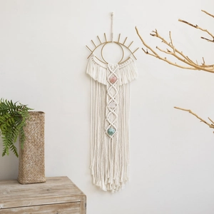 Handmade boho evil eye wall hanging with cream cotton rope and natural stones decoration