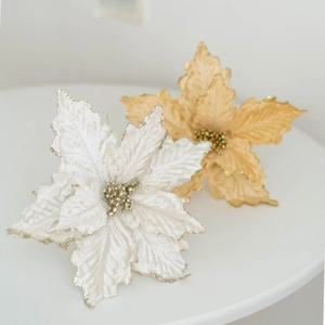 Champagne gold and white artificial Christmas poinsettias with glitter for holiday decor
