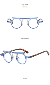 Detail of round punk sunglasses with transparent blue frames and tortoise temples