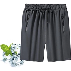 Detail van de donkergrijze ijssis zijden shorts met ritszakken en verkoelend ontwerp