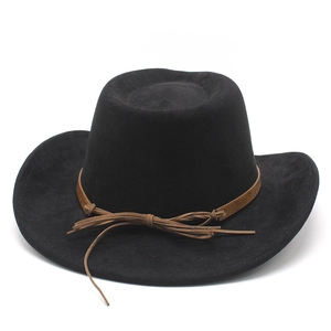 Detail of black fedora hat with fine felt texture and brown leather ribbon bow tie