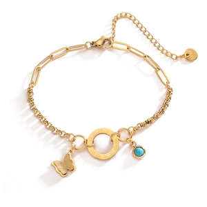 Bracelet en acier inoxydable plaqué or 18K avec pendentif papillon et chiffres romains