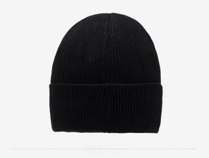 Detailed back view of men's black ribbed knit beanie with thermal fleece lining