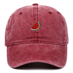 Close-up of watermelon embroidery on washed burgundy vintage cotton baseball cap