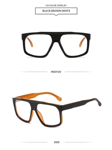 Detail view of large frame sunglasses in black and amber with side and front angles