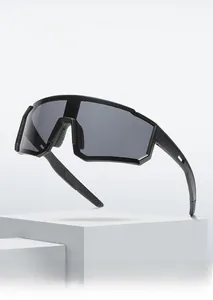 Detail of all-black cycling sunglasses with large wrap lens on white geometric stands