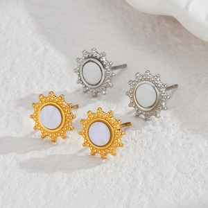 Elegant 18k gold and silver stainless steel sunflower earrings with white shell inlay