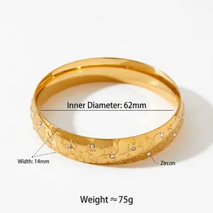 Bracciale dorato in acciaio inossidabile con motivi floreali e zirconi, design 14mm