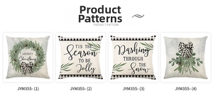 Detailed view of four Christmas pillow covers with wreaths and black white plaid bows