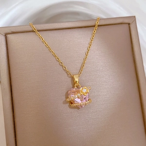 Luxury titanium steel necklace with pink heart gem and floral diamond pendant in box