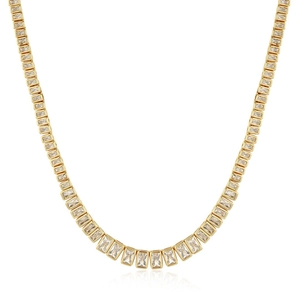 Luxury gold plated tennis necklace with rectangular zircon stones on white background
