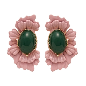Vintage oval green gemstone earrings with pink petal base and silver needle studs