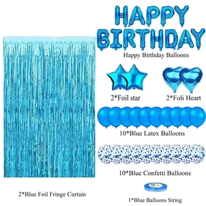 Blue birthday party set with foil star balloons, latex balloons, and tinsel curtain details