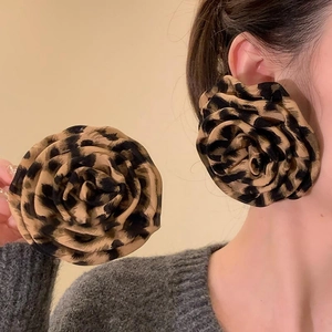 Vintage Leopard Print Fabric Flower Stud Earrings With 925 Sterling Silver Earring Post Oversized Rose Floral Jewelry For Women