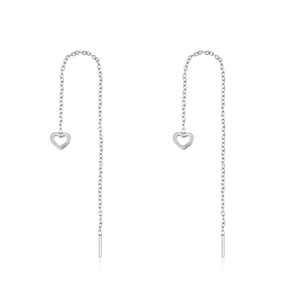 Macro detail of S925 sterling silver heart tassel drop earrings with diamond accents