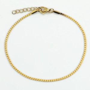 Close-up of golden stainless steel flat snake chain bracelet with lobster clasp detail