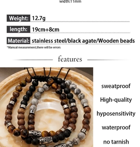 Verstellbares Herren-Perlenarmband-Set mit Tigerauge, Onyx und Stahlanhängern im Detail