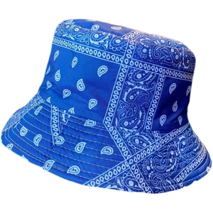 Blue paisley print cotton bucket hat for men and women on a clean white background