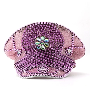 Pink sequined military hat with purple studs and a central gemstone ornament for parties