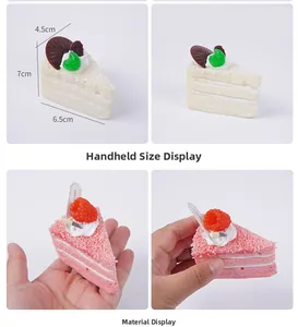 Detail view of pink and white fake mousse cake slices with dimensions 7x6.5x4.5cm
