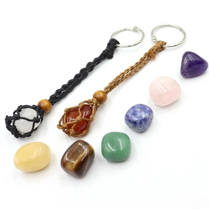 Handmade woven mesh keychain with natural crystal stones and adjustable wood bead