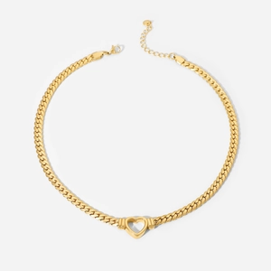 Detailed close-up of a 14K gold plated flat snake chain with hollow heart pendant and clasp
