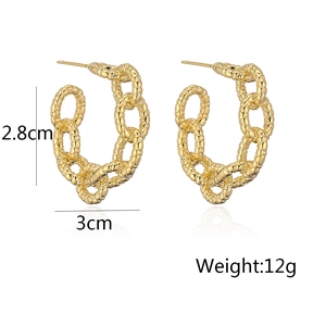 Detail showing 2.8cm by 3cm 18K gold plated twisted chain hoop earrings weighing 12g