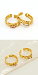 Detail of adjustable 18K gold plated steel rings with pink and white zircon stones