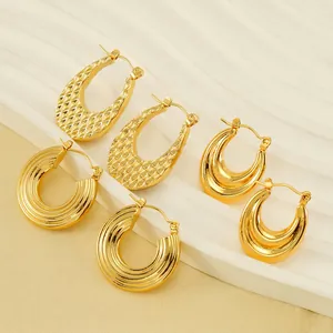 Boucles D'oreilles Créoles Géométriques Acier Inoxydable Plaqué Or 18K Texturées Forme U Rond Bijoux Vintage Femmes